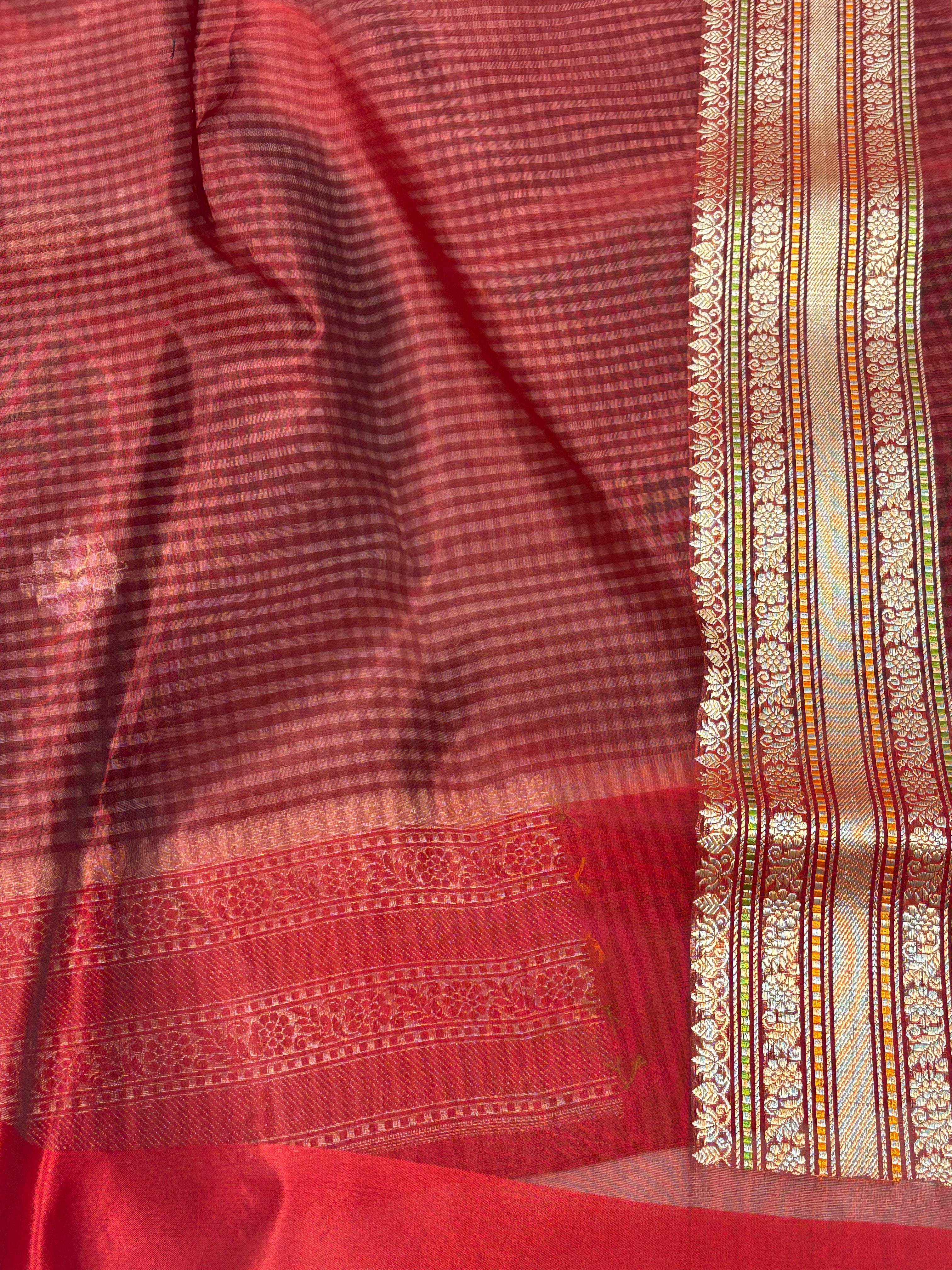 Modern Checks Banarasi Saree with Red Katan Silk Border Weaving