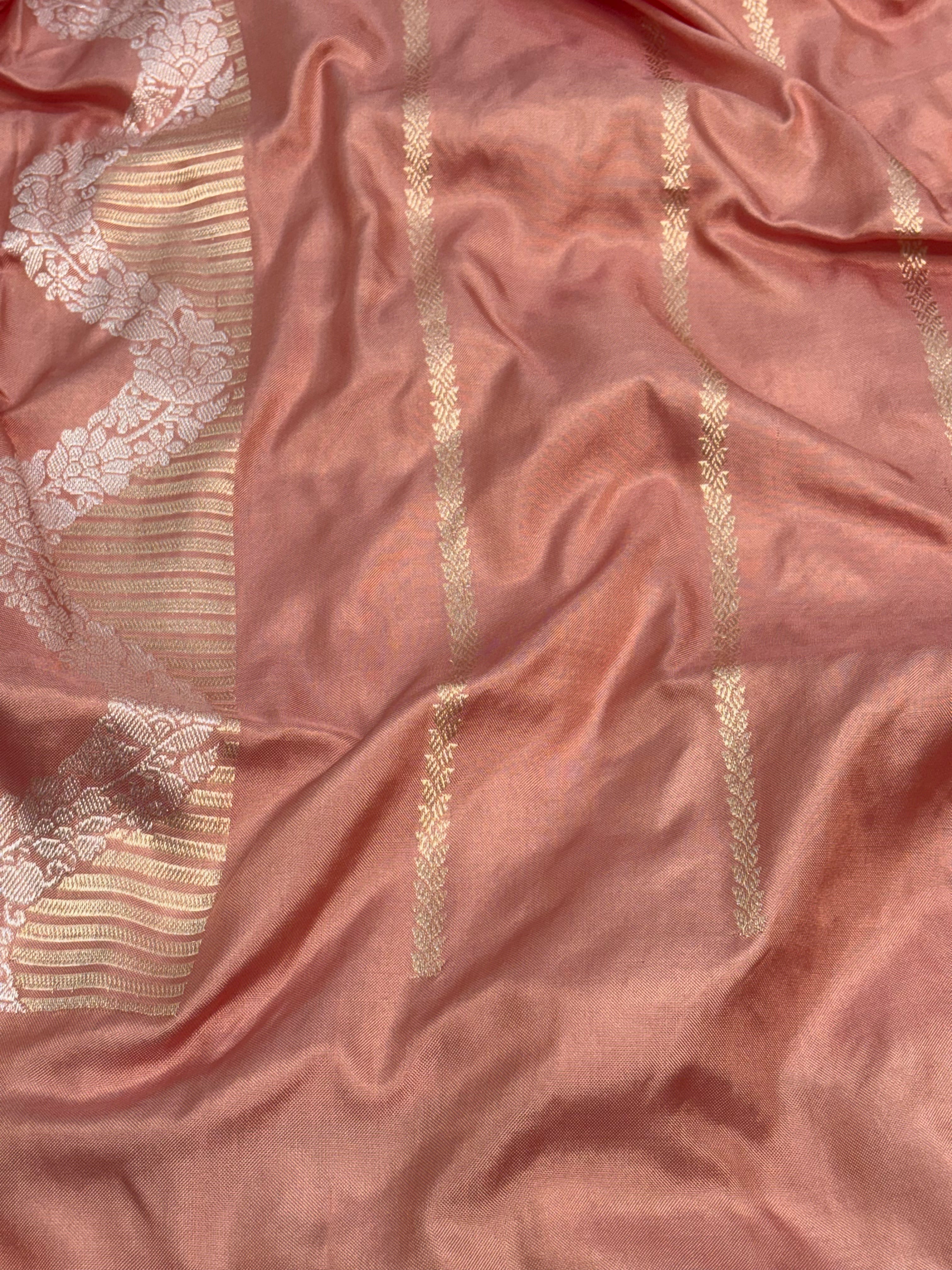Peach Banarasi Pure Katan Silk Iktara Meenakari Buta Weaving Saree