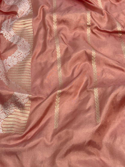 Peach Banarasi Pure Katan Silk Iktara Meenakari Buta Weaving Saree
