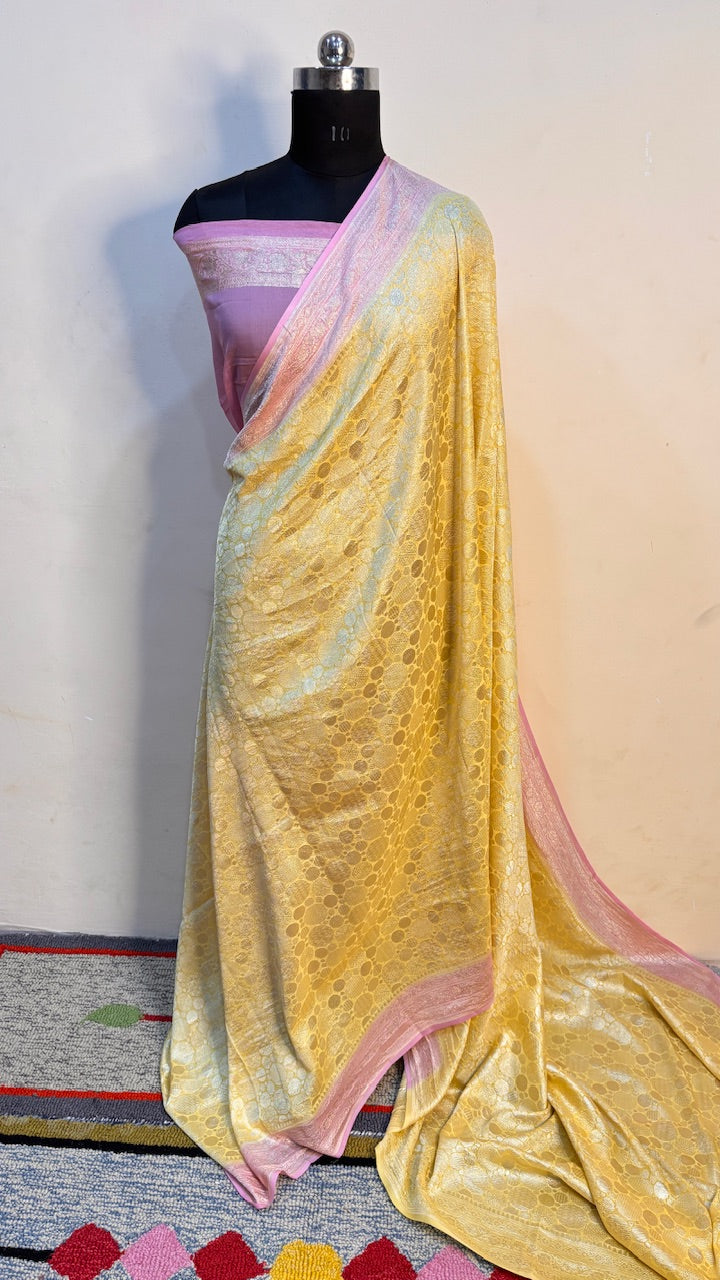 Butter Yellow Banarasi Pure Chiffon Silk Saree