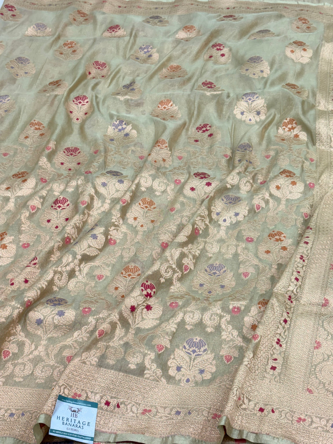 Sea Green Banarasi Pure Tissue Silk Meenakari Jaal Weaving Saree