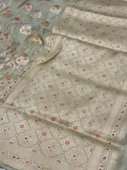 Sea Green Banarasi Pure Tissue Silk Meenakari Jaal Weaving Saree