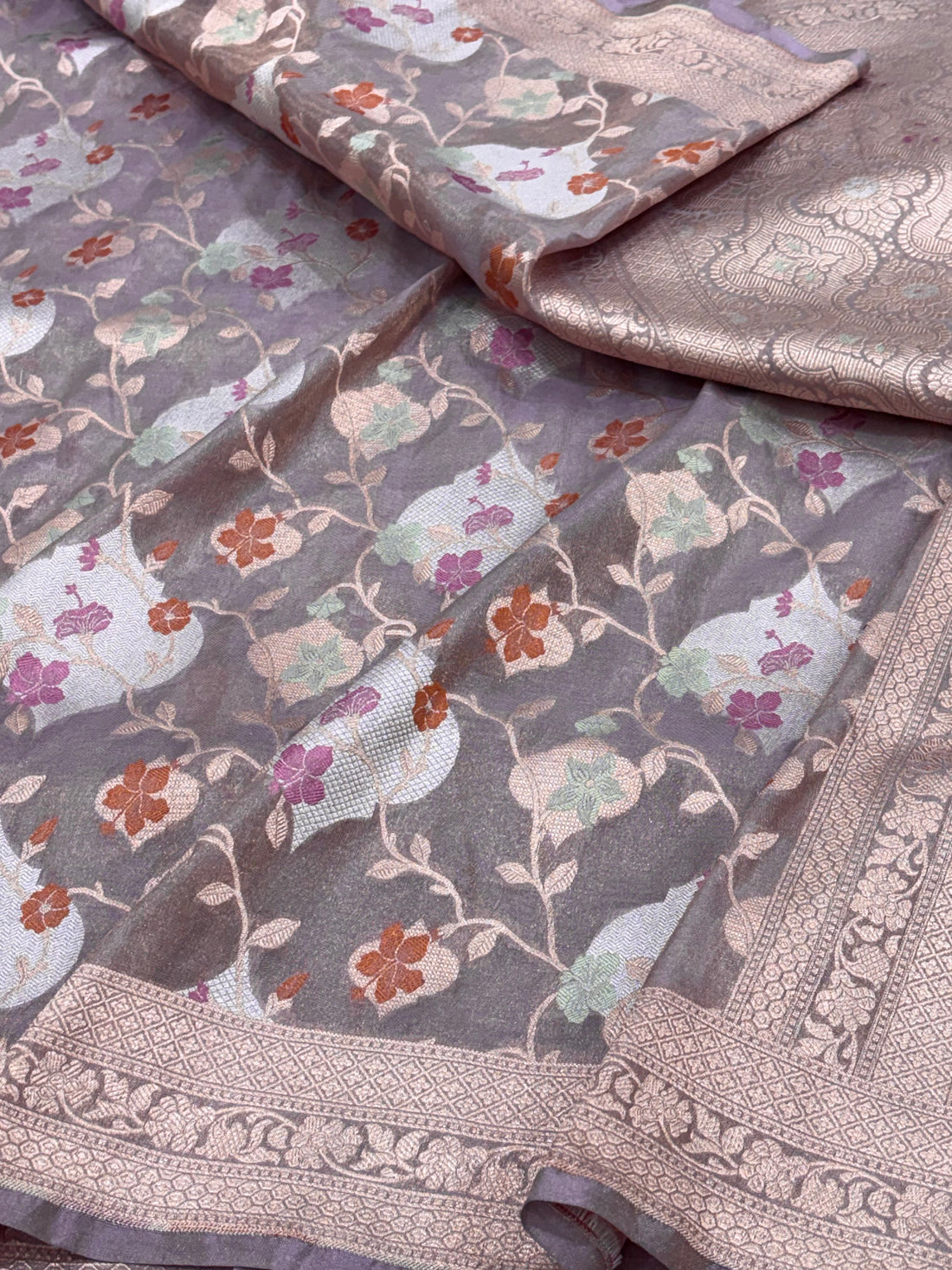 Pure Tissue Banarasi Jaal Weaving Saree with Tilfi Meenakari