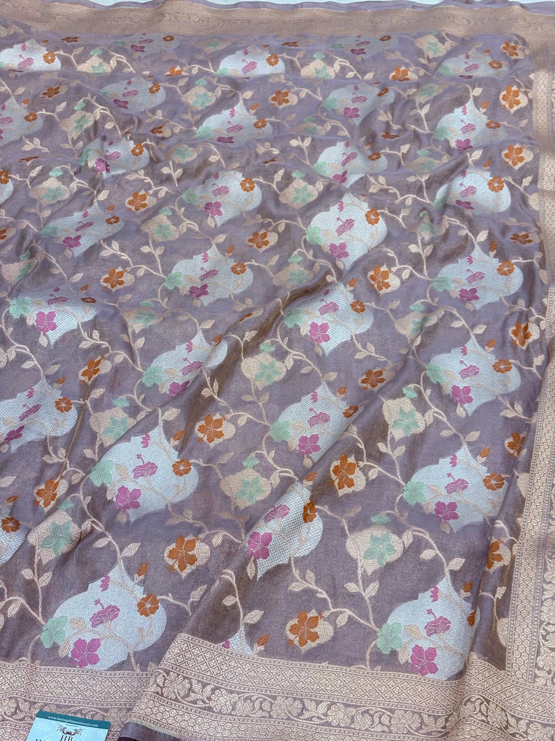Pure Tissue Banarasi Jaal Weaving Saree with Tilfi Meenakari