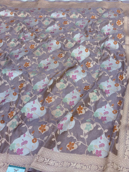 Pure Tissue Banarasi Jaal Weaving Saree with Tilfi Meenakari