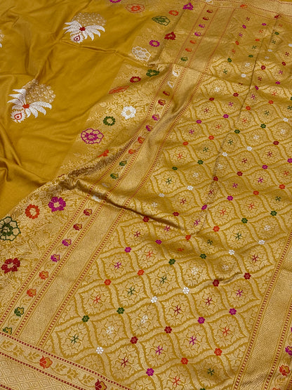 Yellow Handwoven Pure Katan Silk Iktara Banarasi Saree