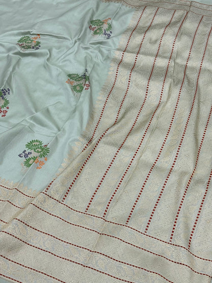 Teal Blue Handwoven Pure Katan Silk Iktara Banarasi Saree