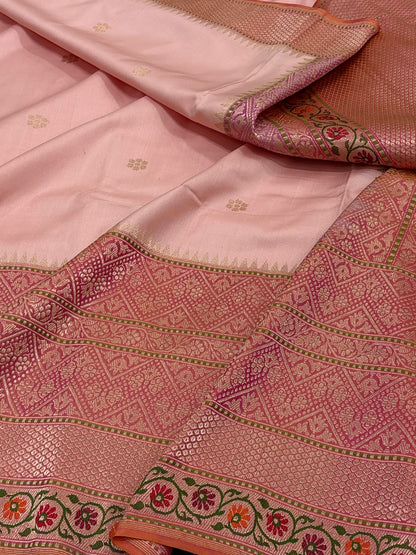Baby Pink Handwoven Pure Katan Silk Iktara Banarasi Saree