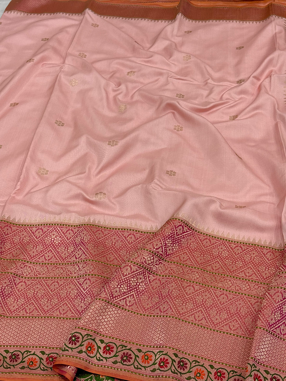 Baby Pink Handwoven Pure Katan Silk Iktara Banarasi Saree