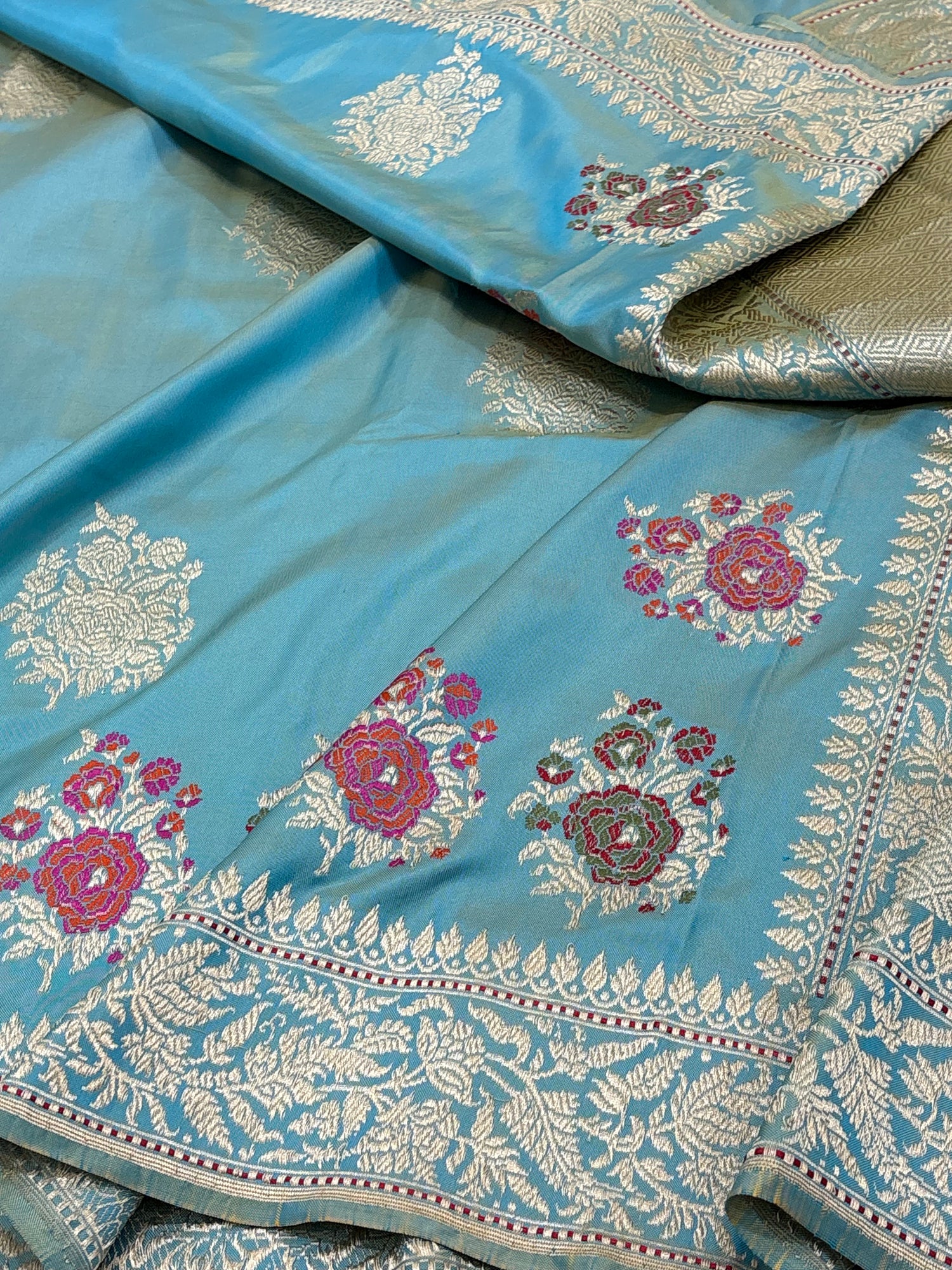 Teal Blue Handwoven Pure Katan Silk Iktara Banarasi Saree