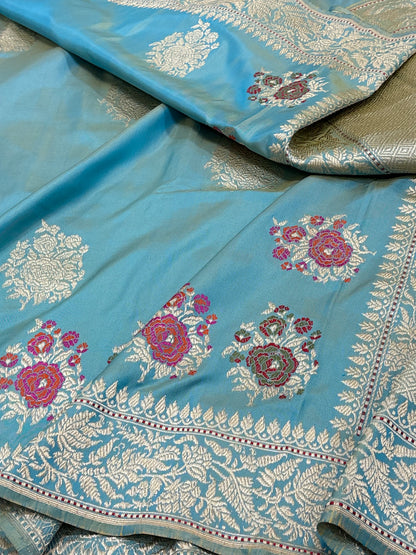 Teal Blue Handwoven Pure Katan Silk Iktara Banarasi Saree