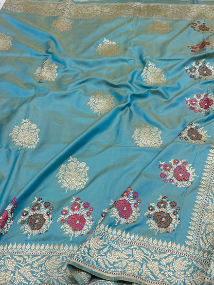 Teal Blue Handwoven Pure Katan Silk Iktara Banarasi Saree