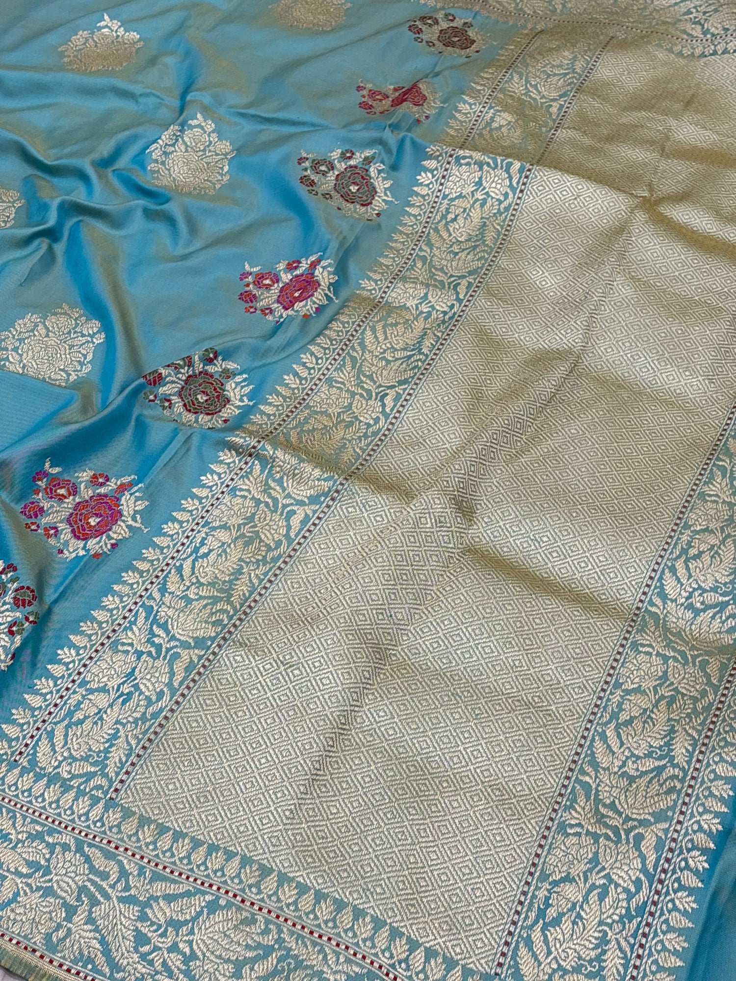 Teal Blue Handwoven Pure Katan Silk Iktara Banarasi Saree