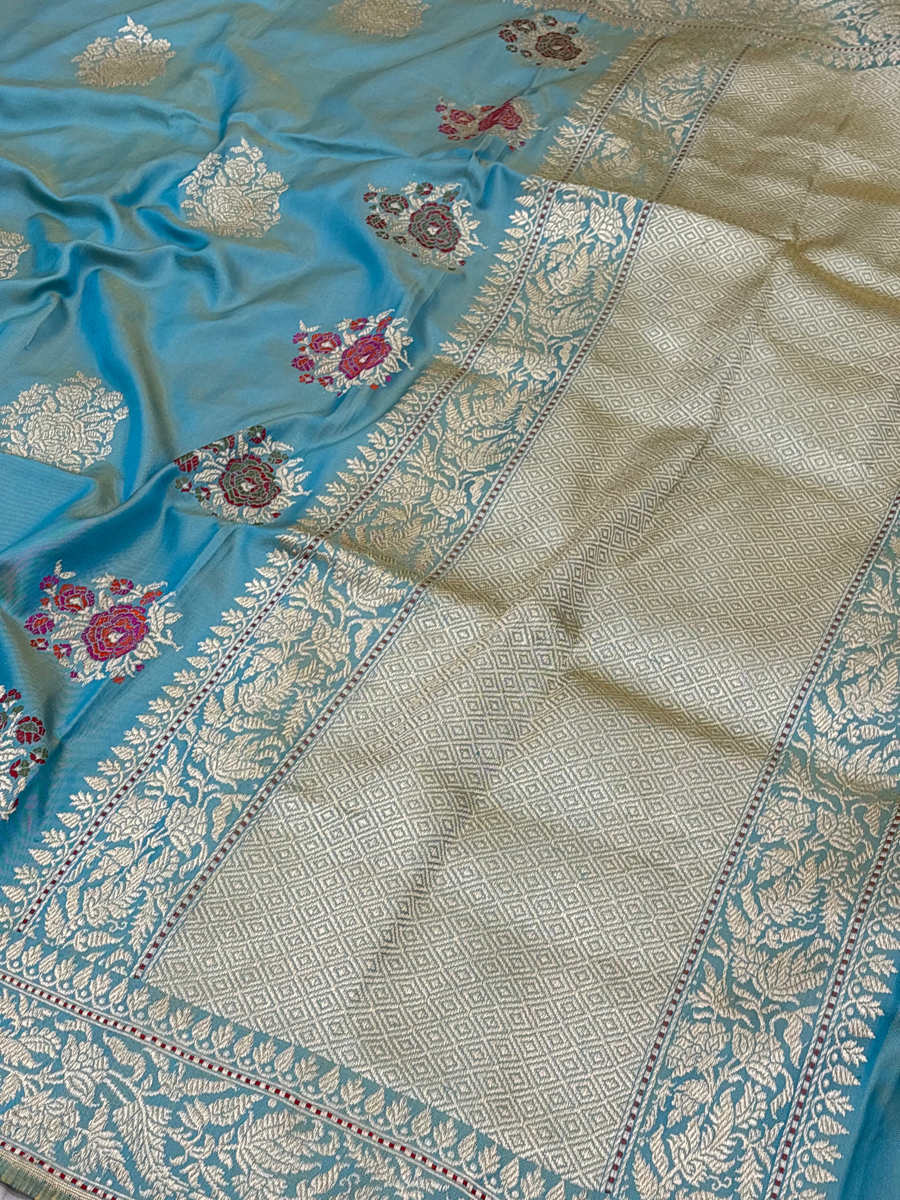 Teal Blue Handwoven Pure Katan Silk Iktara Banarasi Saree