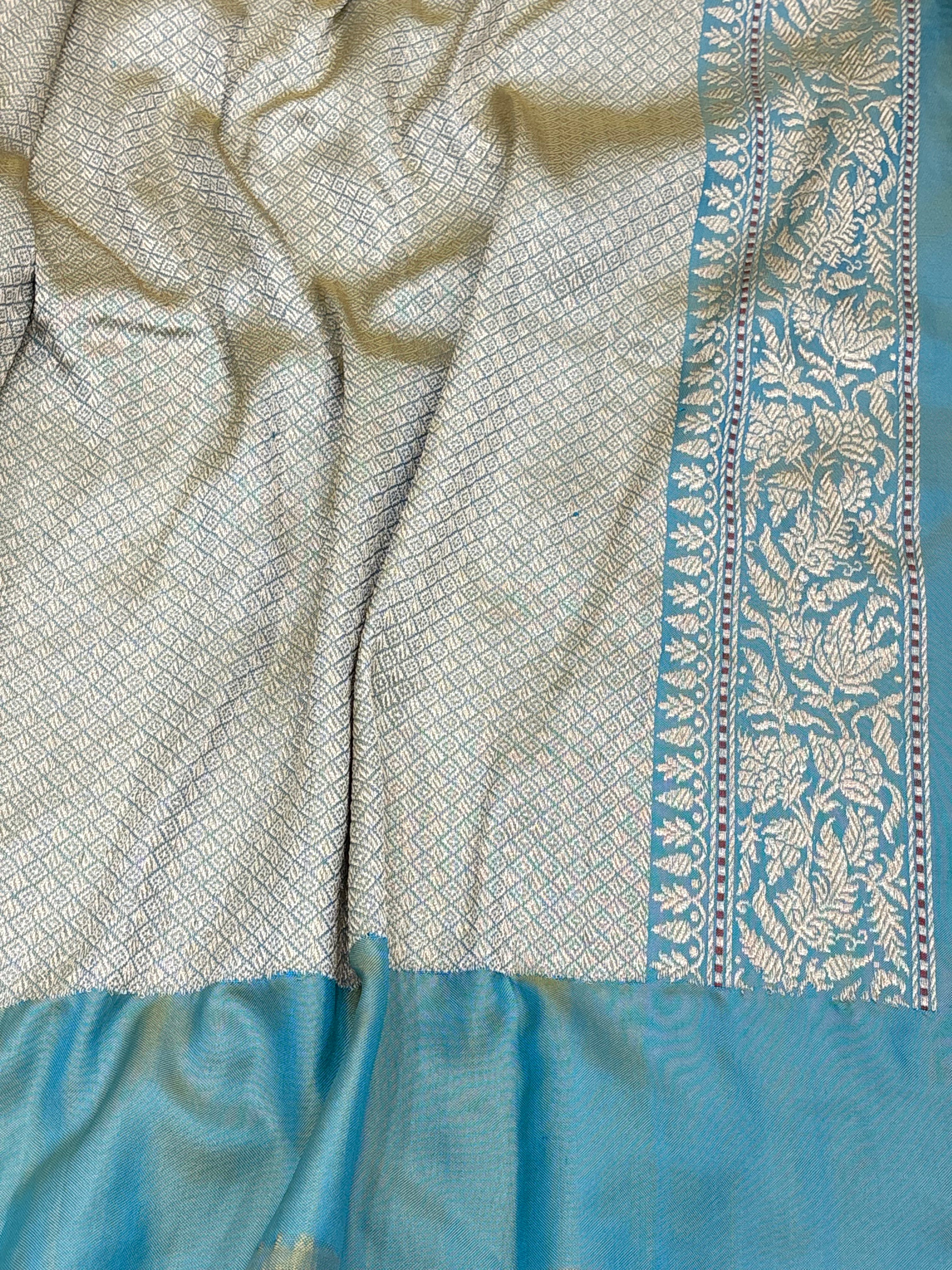 Teal Blue Handwoven Pure Katan Silk Iktara Banarasi Saree
