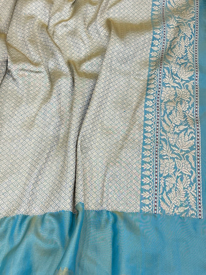 Teal Blue Handwoven Pure Katan Silk Iktara Banarasi Saree