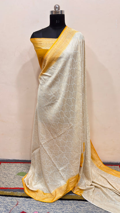 Ivory Banarasi Pure Chiffon Silk Saree