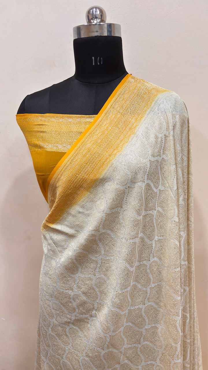 Ivory Banarasi Pure Chiffon Silk Saree