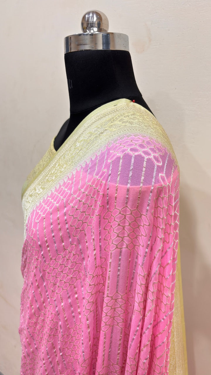 Baby Pink Banarasi Pure Chiffon Silk Saree