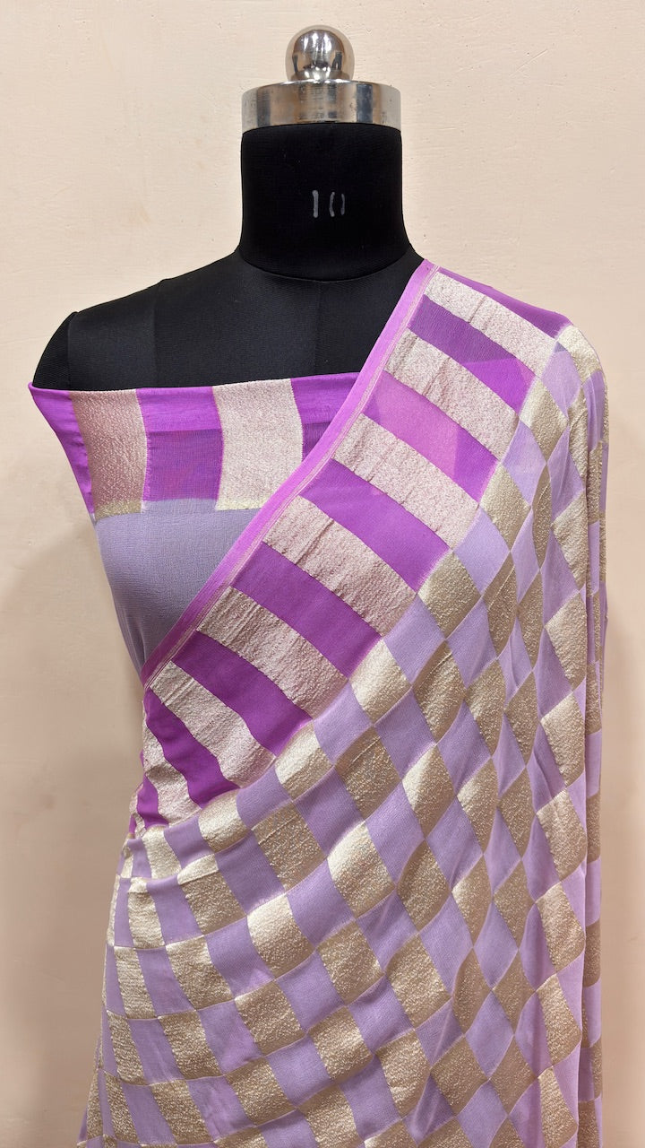 Lavender Banarasi Pure Chiffon Silk Saree