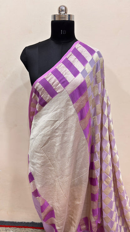 Lavender Banarasi Pure Chiffon Silk Saree
