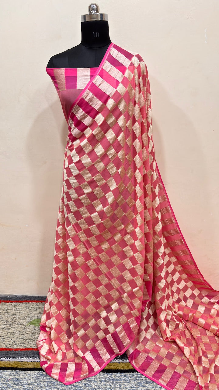 Rani Pink Banarasi Pure Chiffon Silk Saree