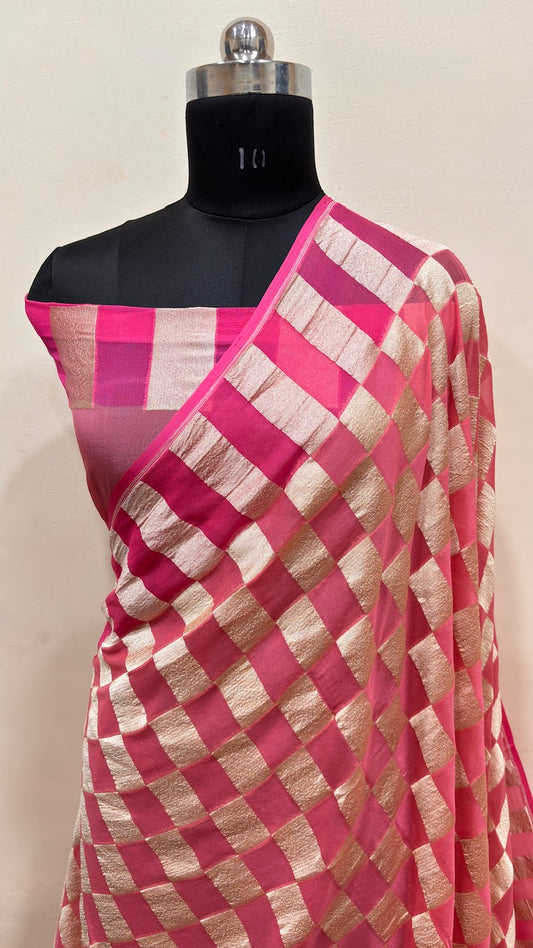 Rani Pink Banarasi Pure Chiffon Silk Saree