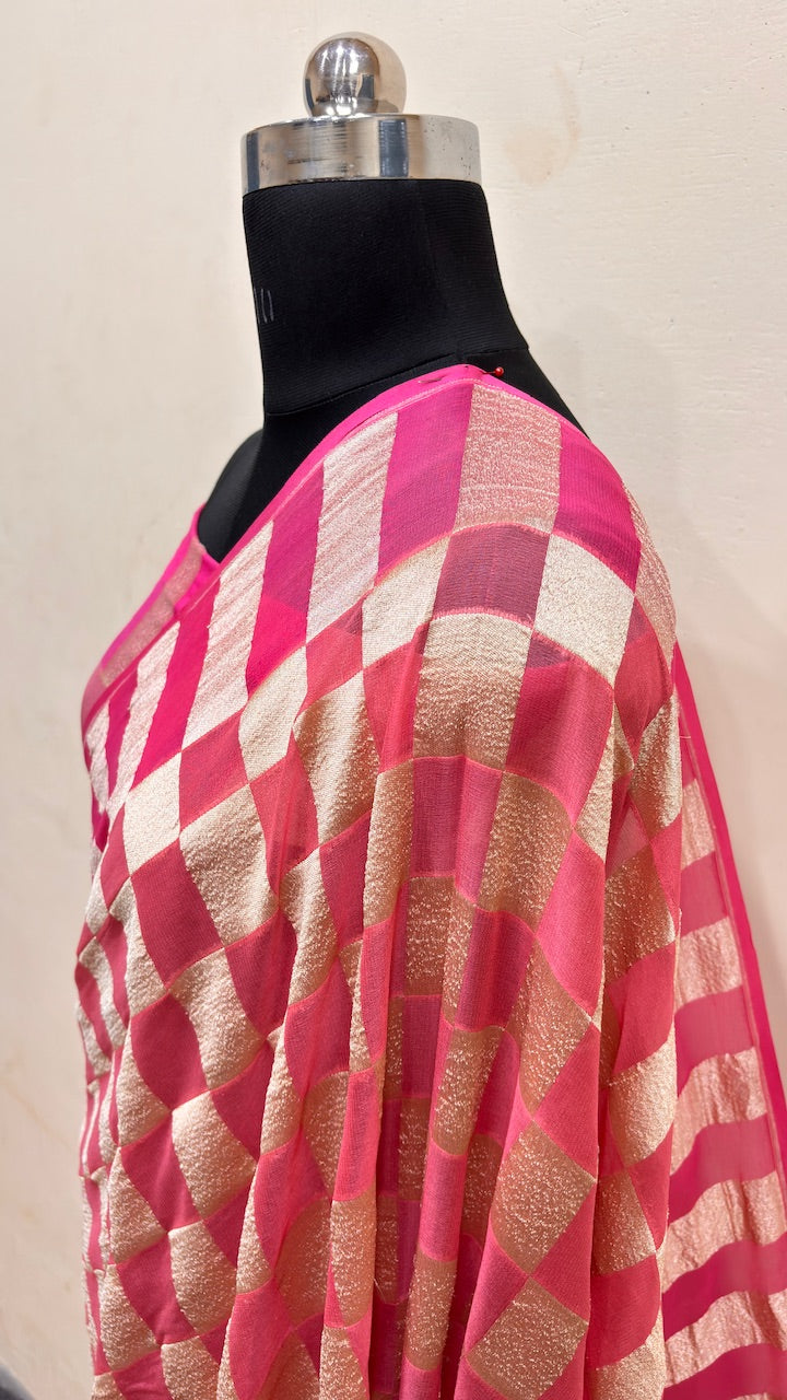 Rani Pink Banarasi Pure Chiffon Silk Saree
