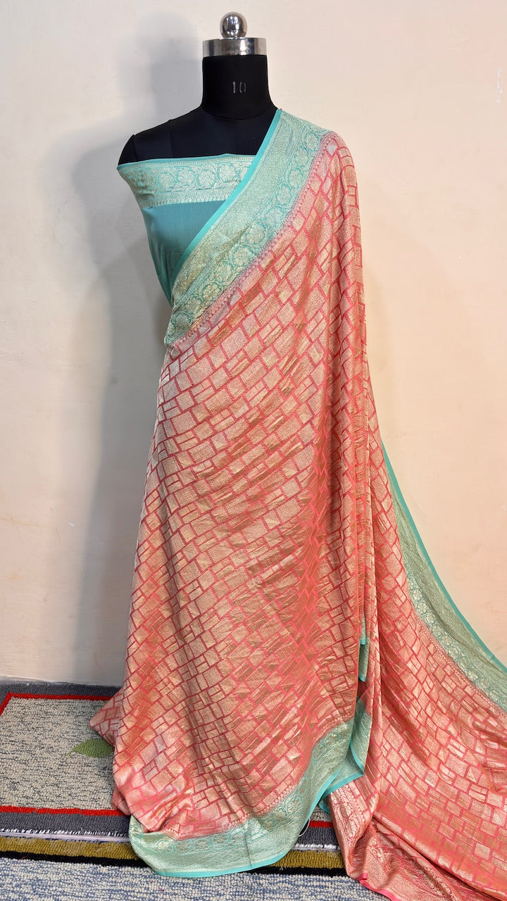 Pinkish Pink Banarasi Pure Chiffon Silk Saree
