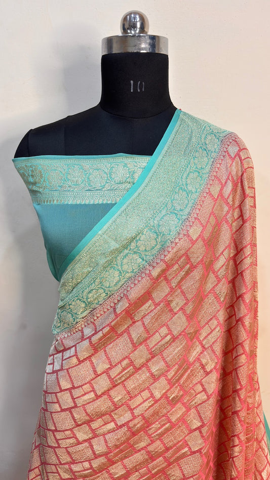 Pinkish Pink Banarasi Pure Chiffon Silk Saree