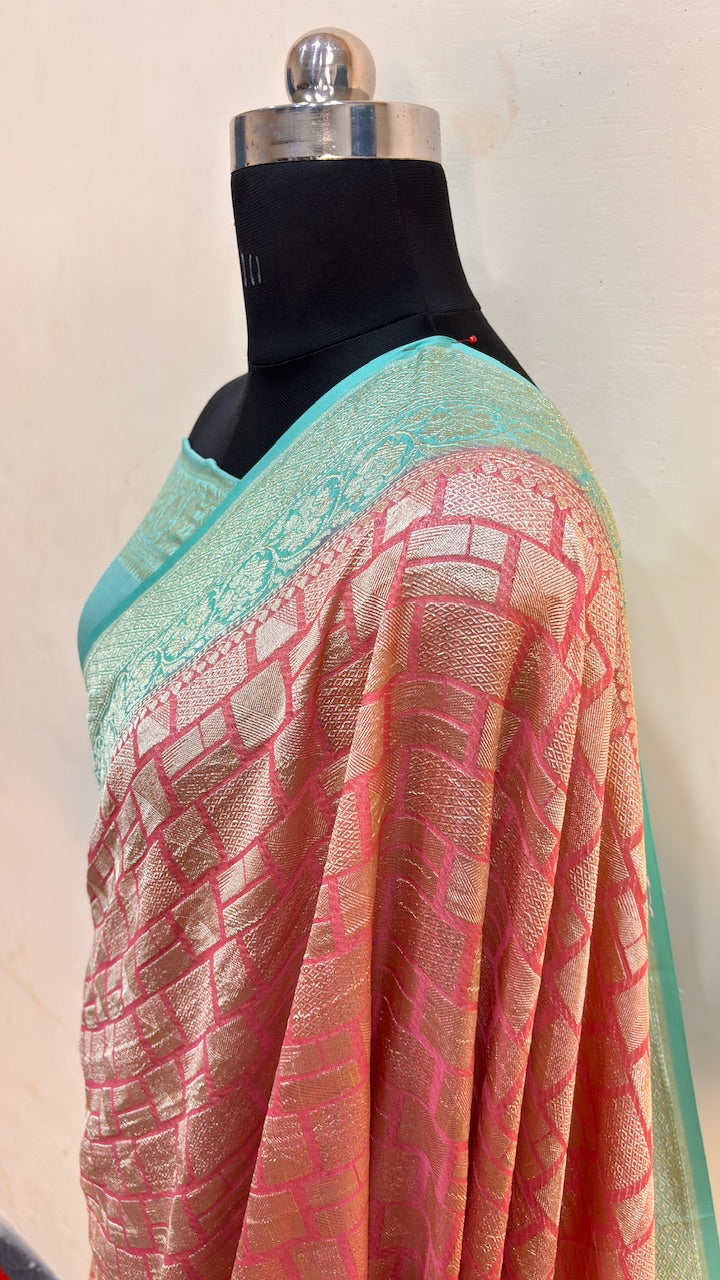Pinkish Pink Banarasi Pure Chiffon Silk Saree
