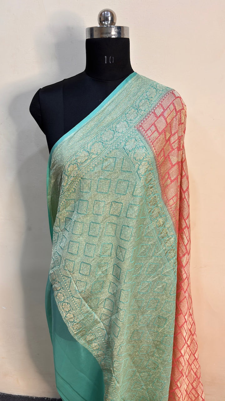 Pinkish Pink Banarasi Pure Chiffon Silk Saree