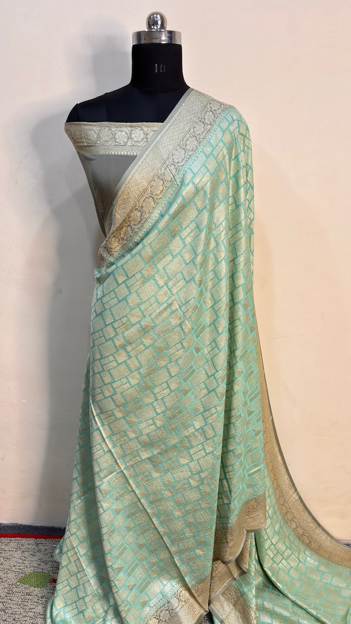 Ice Green Banarasi Pure Chiffon Silk Saree