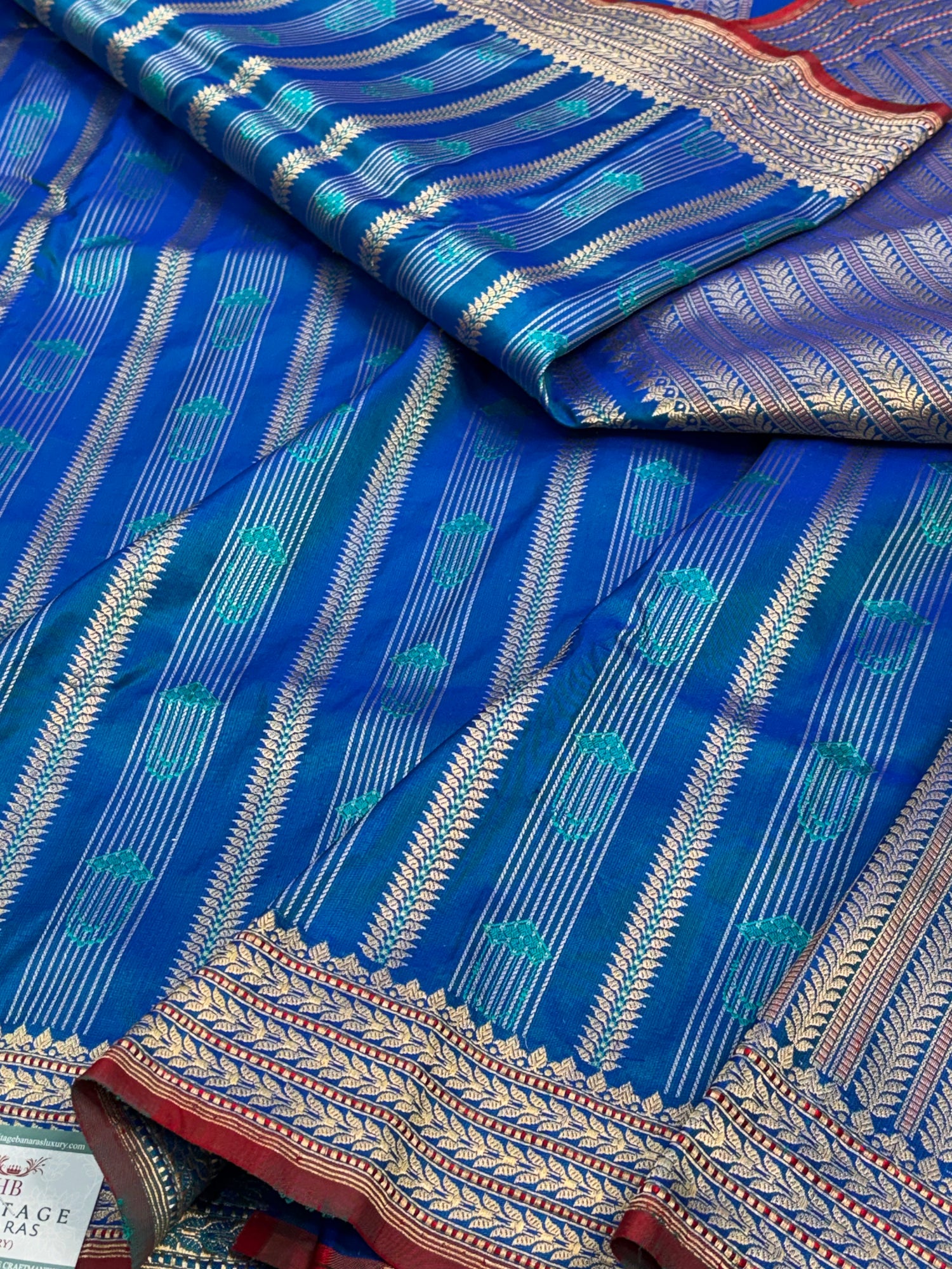 Royal Blue Handwoven Pure Katan Silk Striped Banarasi Saree