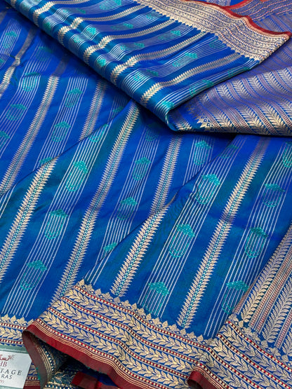 Royal Blue Handwoven Pure Katan Silk Striped Banarasi Saree