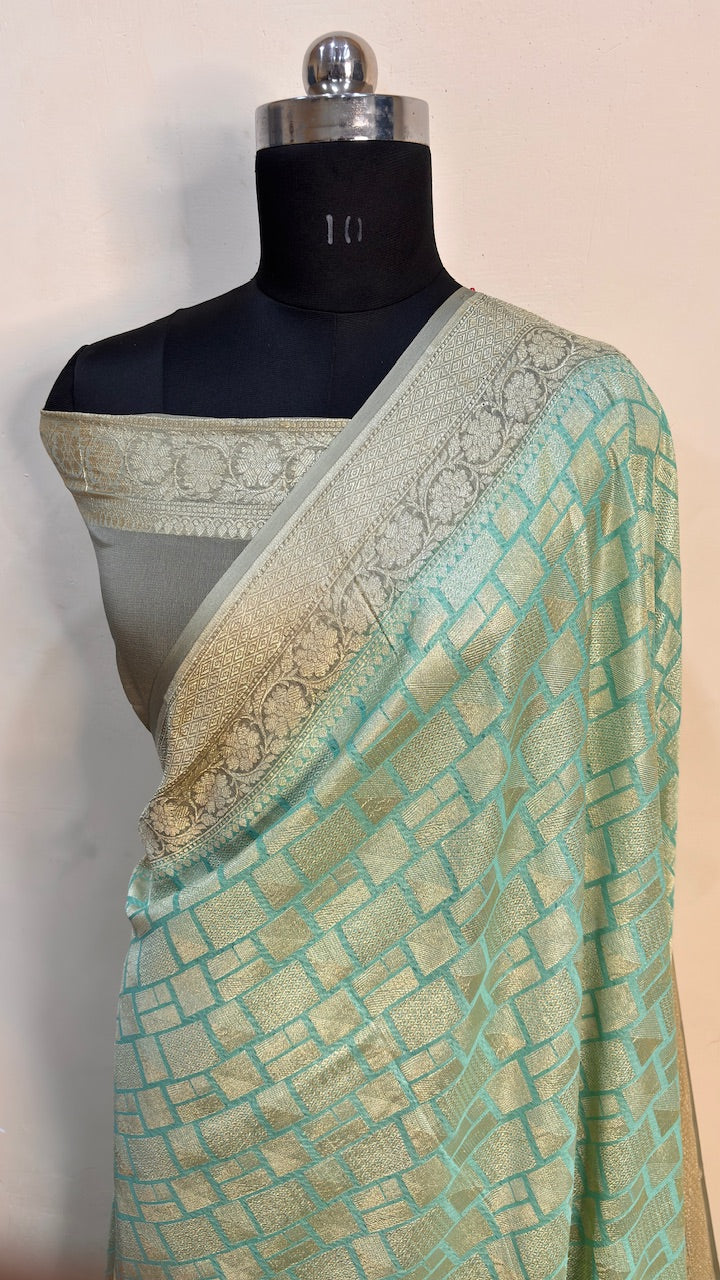 Ice Green Banarasi Pure Chiffon Silk Saree