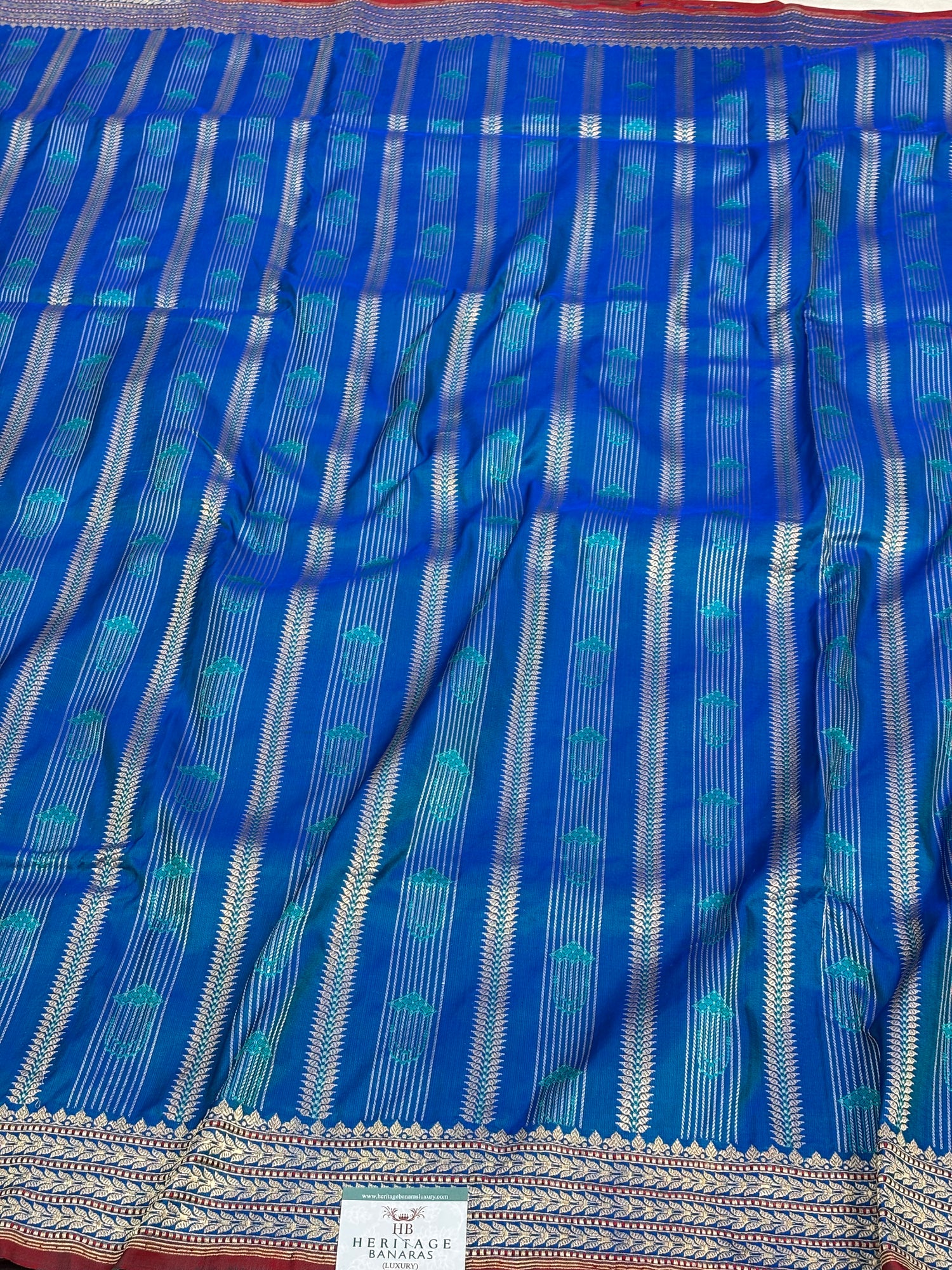 Royal Blue Handwoven Pure Katan Silk Striped Banarasi Saree