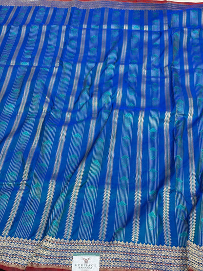 Royal Blue Handwoven Pure Katan Silk Striped Banarasi Saree