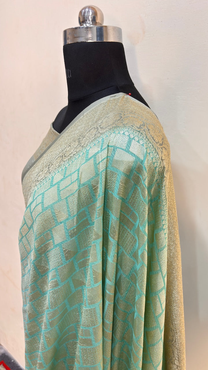 Ice Green Banarasi Pure Chiffon Silk Saree