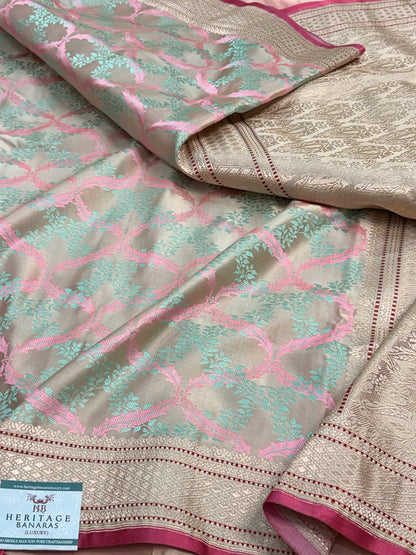 Cream Handwoven Pure Satin Silk Tanchoi Banarasi Saree