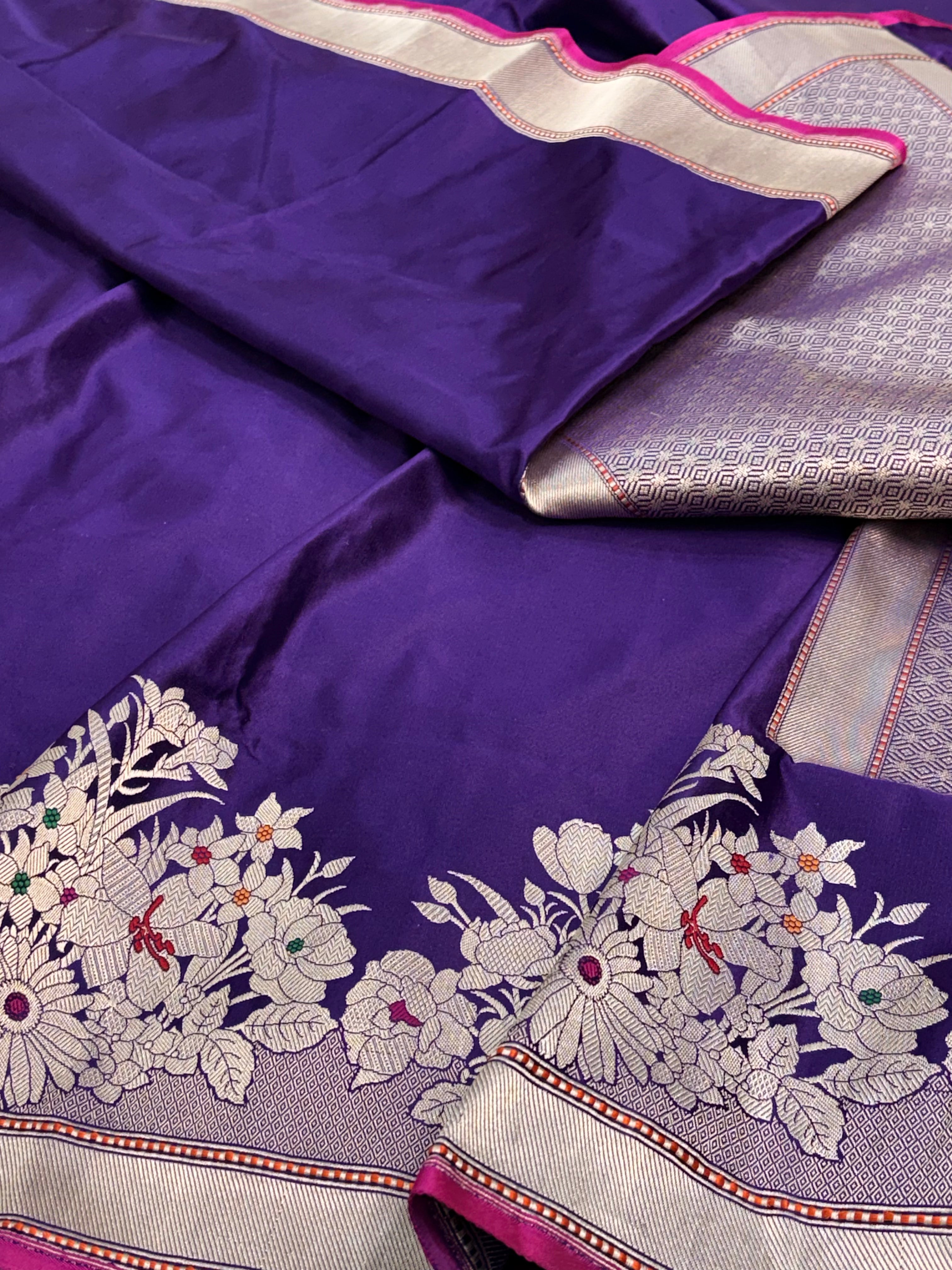 Purple Handwoven Pure Satin Silk Skirt Border Banarasi Saree