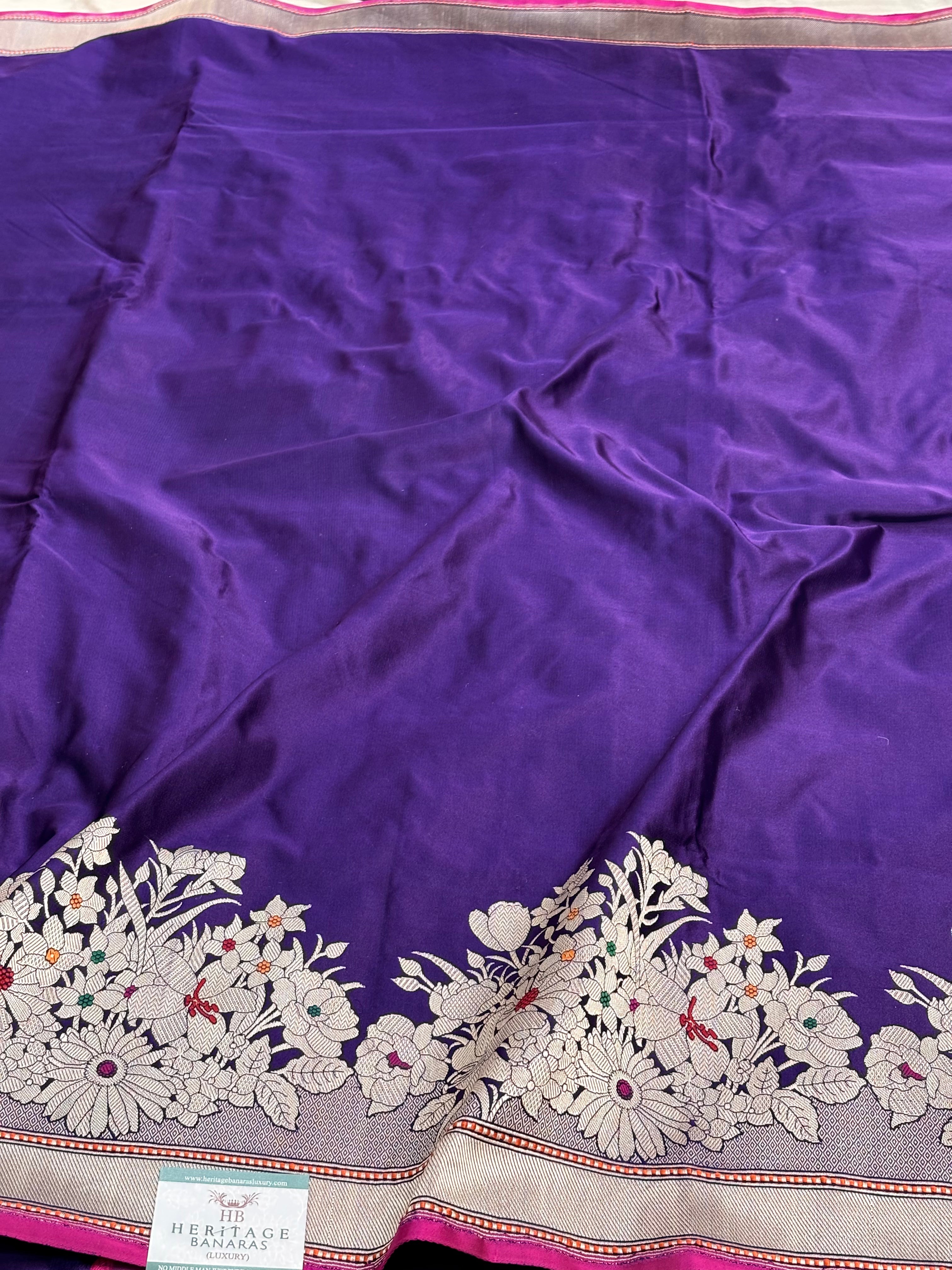 Purple Handwoven Pure Satin Silk Skirt Border Banarasi Saree