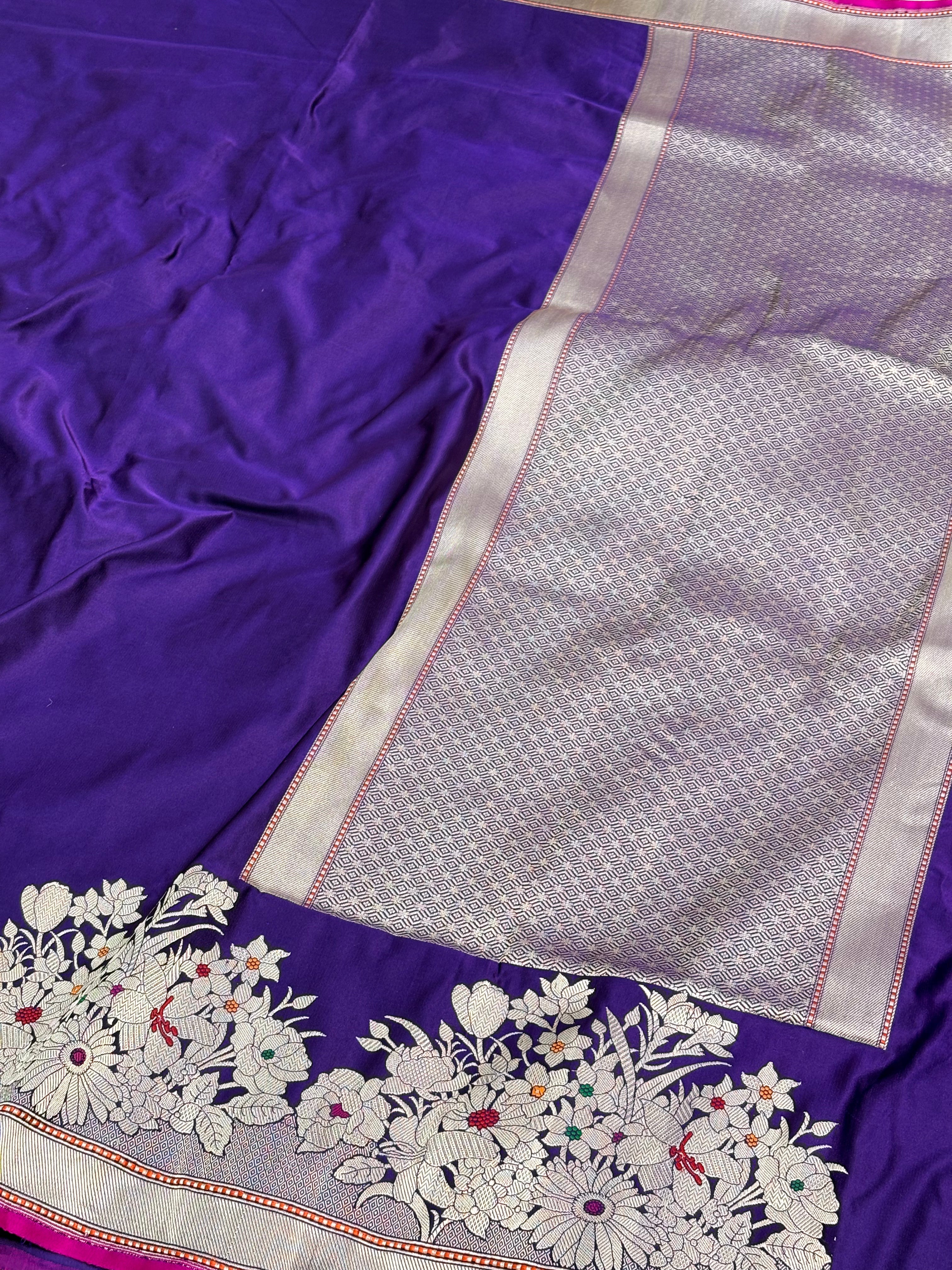 Purple Handwoven Pure Satin Silk Skirt Border Banarasi Saree