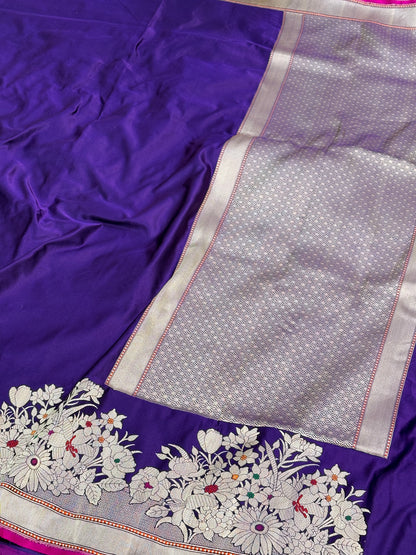 Purple Handwoven Pure Satin Silk Skirt Border Banarasi Saree