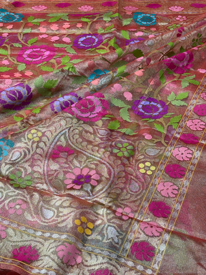 Pink Pure Banarasi Tissue Handwoven Saree with Real Zari