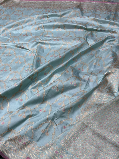 Sea Blue Pure Banarasi Katan Silk Handwoven Saree