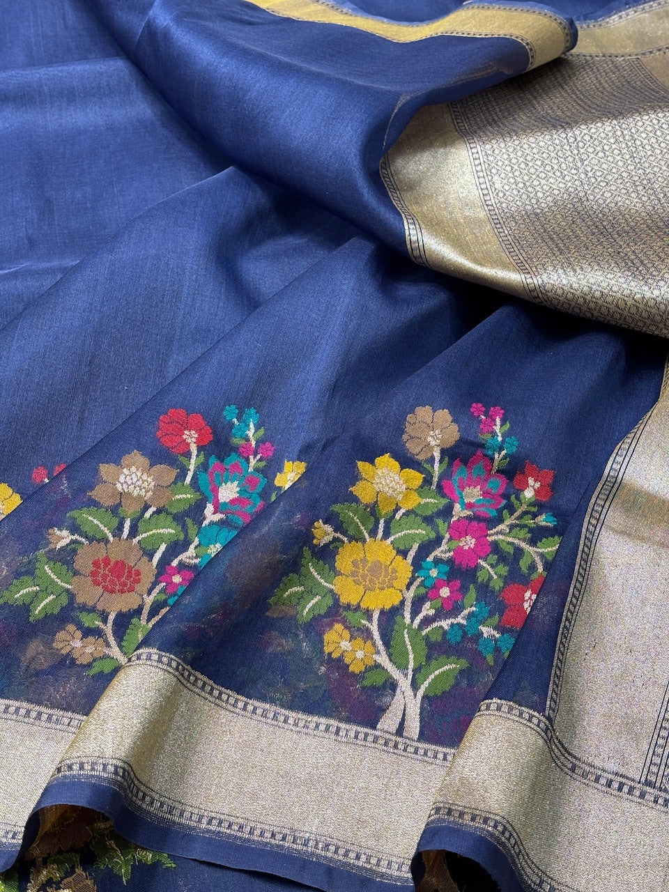 Royal Blue Banarasi Kora Silk Handwoven Saree