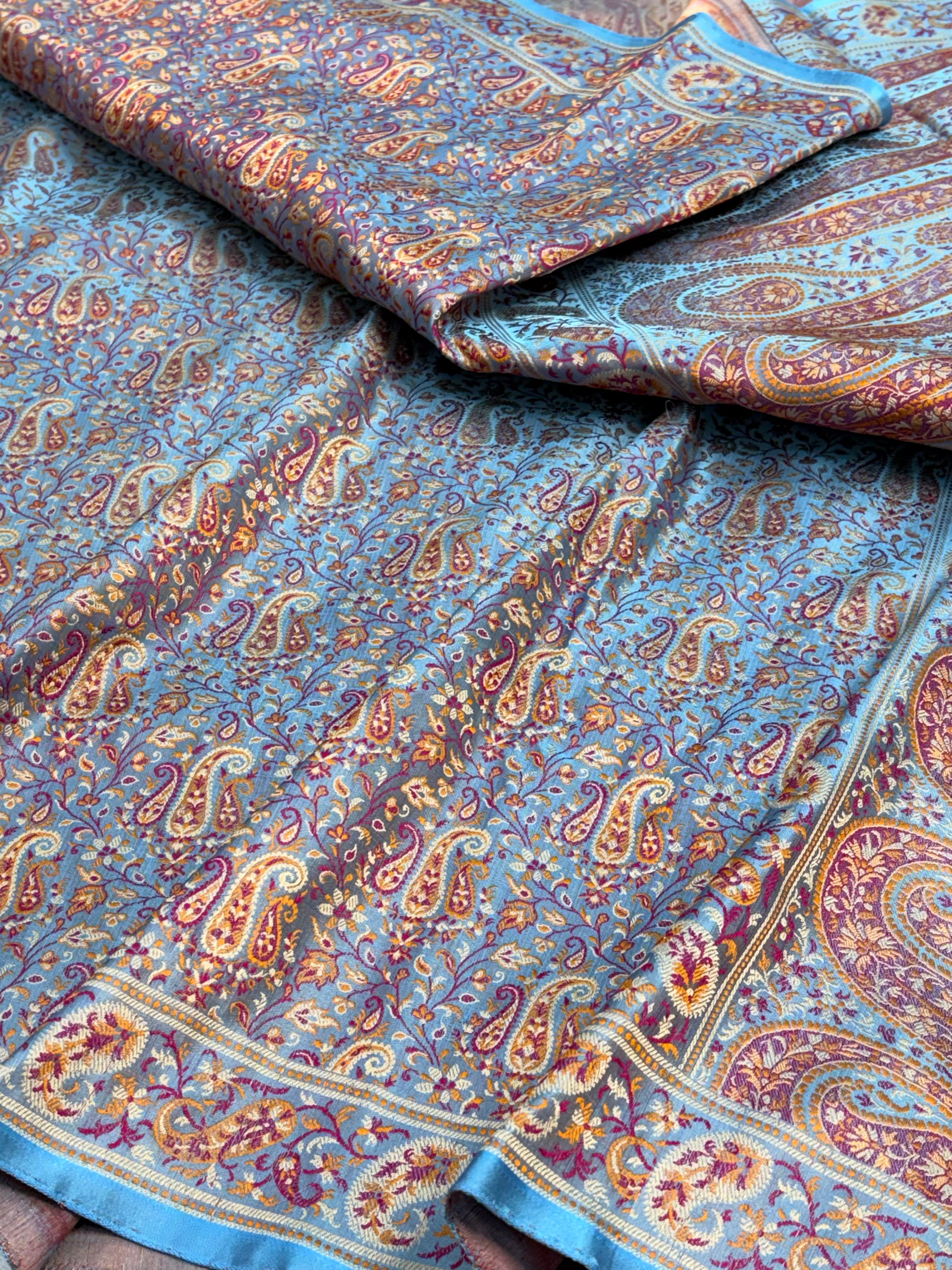Powder Blue Handwoven Pure Satin Silk Tanchoi Banarasi Saree