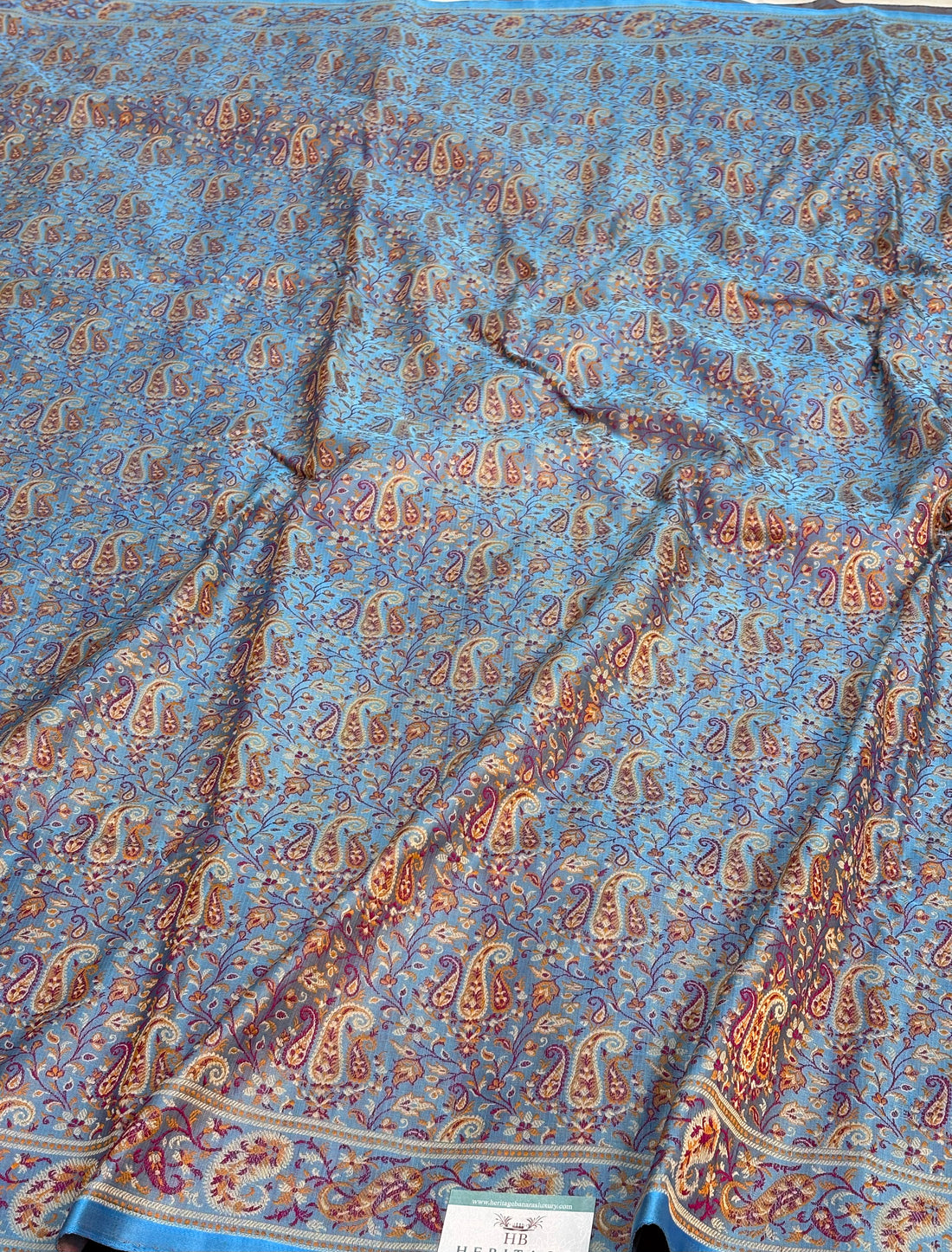 Powder Blue Handwoven Pure Satin Silk Tanchoi Banarasi Saree