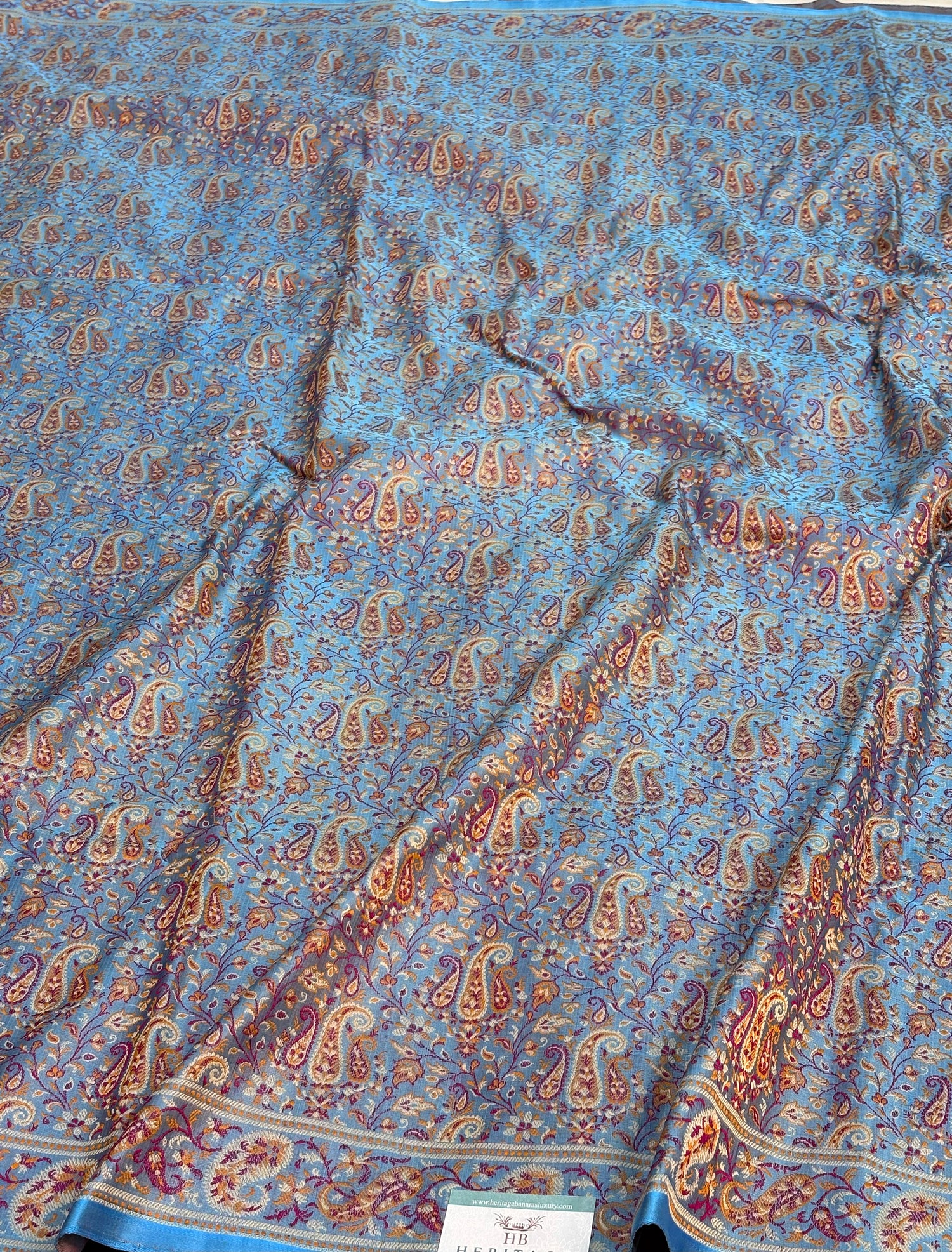 Powder Blue Handwoven Pure Satin Silk Tanchoi Banarasi Saree